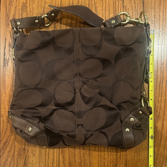 Coach Carly Brown Canvas Leather Trim Turnlock Zipper Closure Hobo Shoulder Bag - Picture 10 of 15